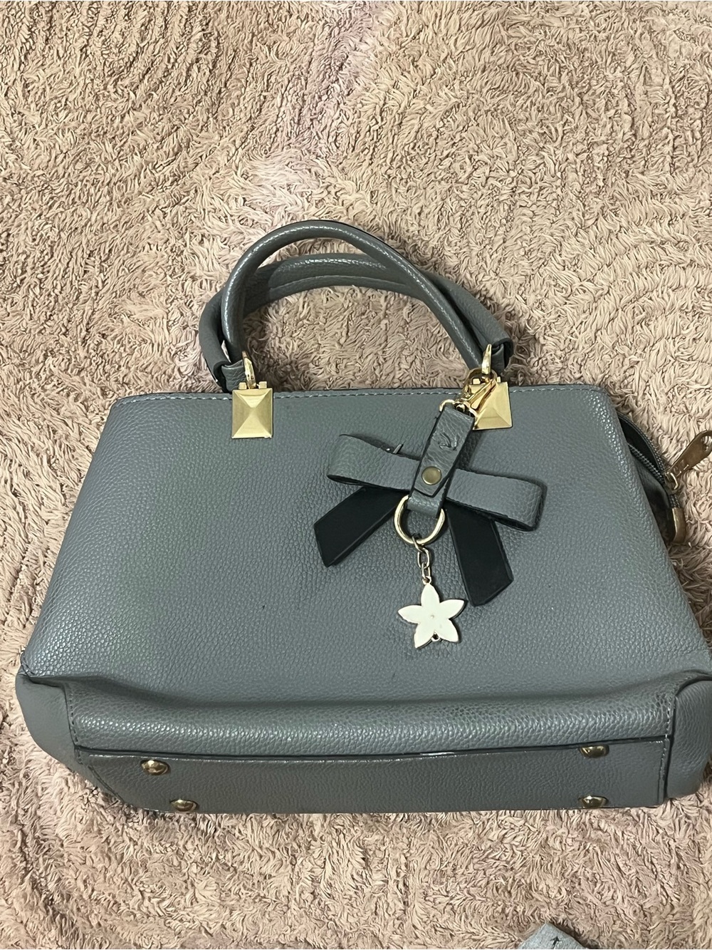 Gray Structured Top-Handle Satchel with Bow Accent